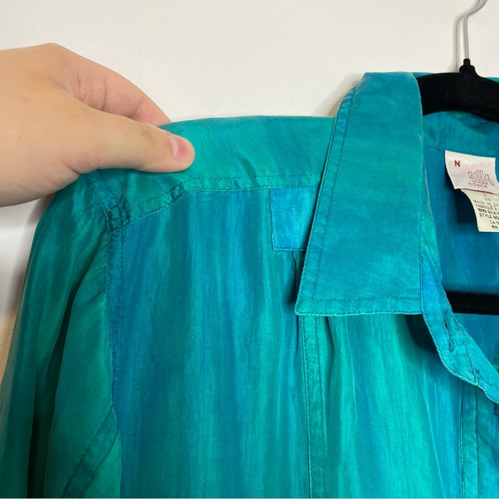Vintage 90s Silk Watercolor Button Front Jumpsuit Coastal Boho Teal Blue - Picture 6 of 10